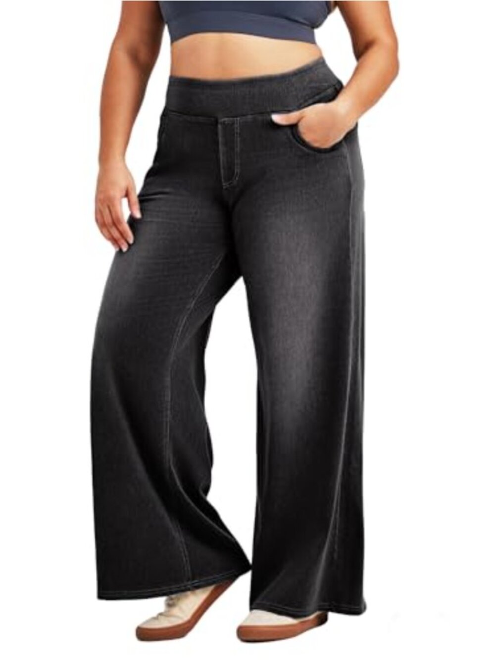 High Waisted Wide Leg Jeans for Women Tummy Control Pull On Stretch Denim Pants